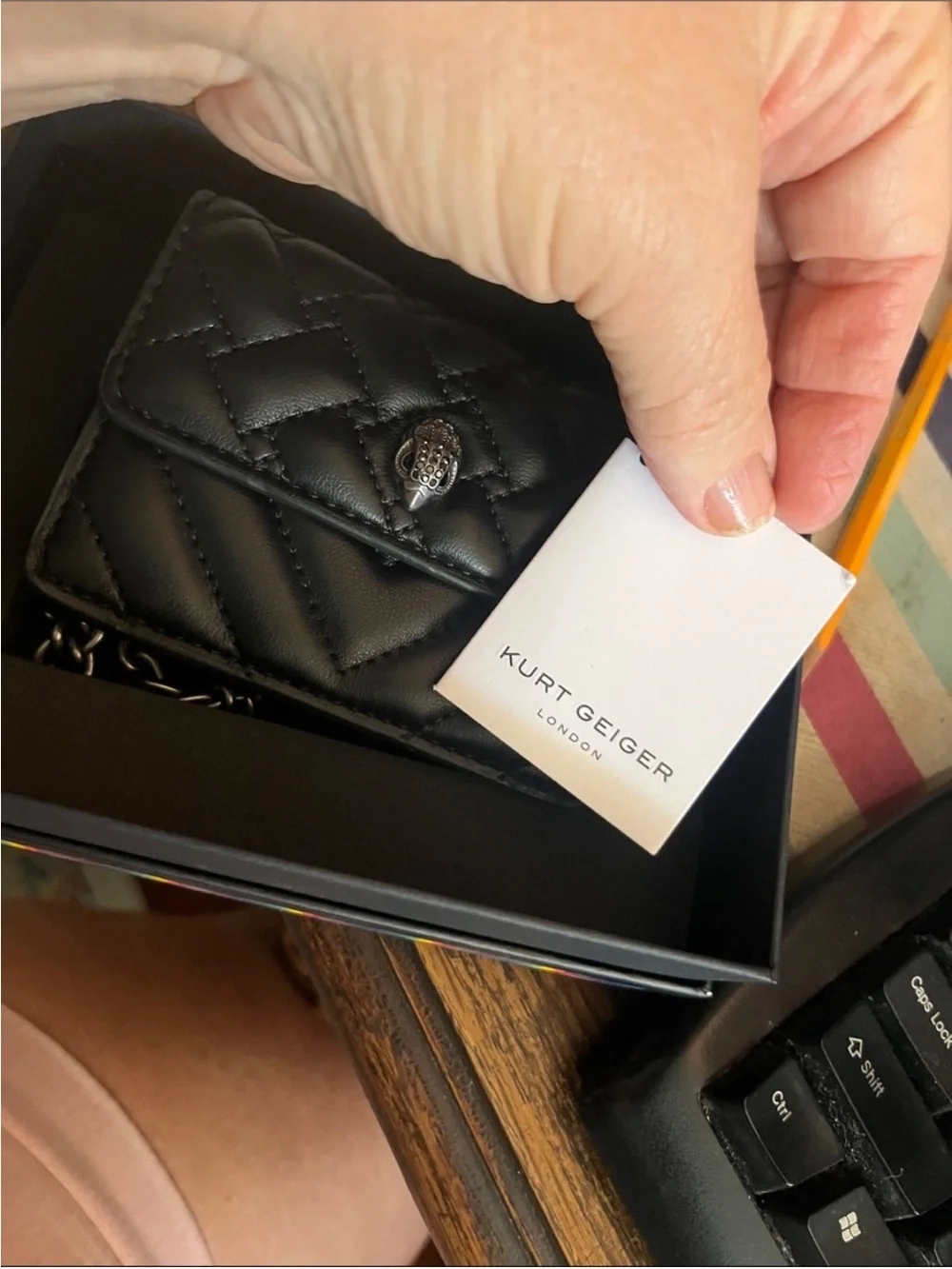 Kurt Geiger Black Quilted Crossbody with Silver Chain